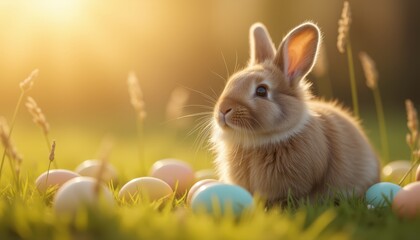  Rabbit in a field with Easter eggs during golden hour