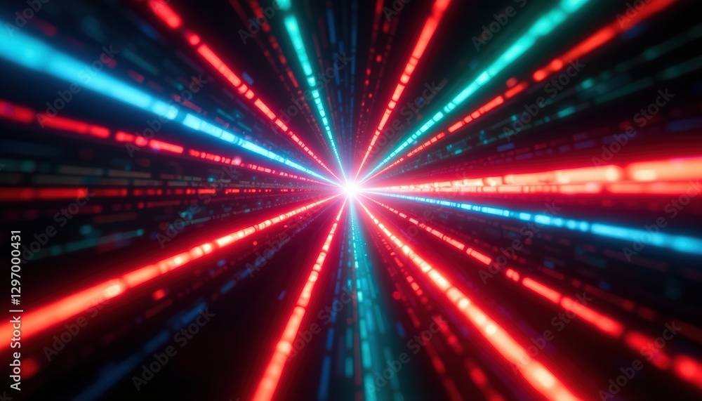 Poster dynamic light beams in a dark space with red and blue laser lines radiating from a central point