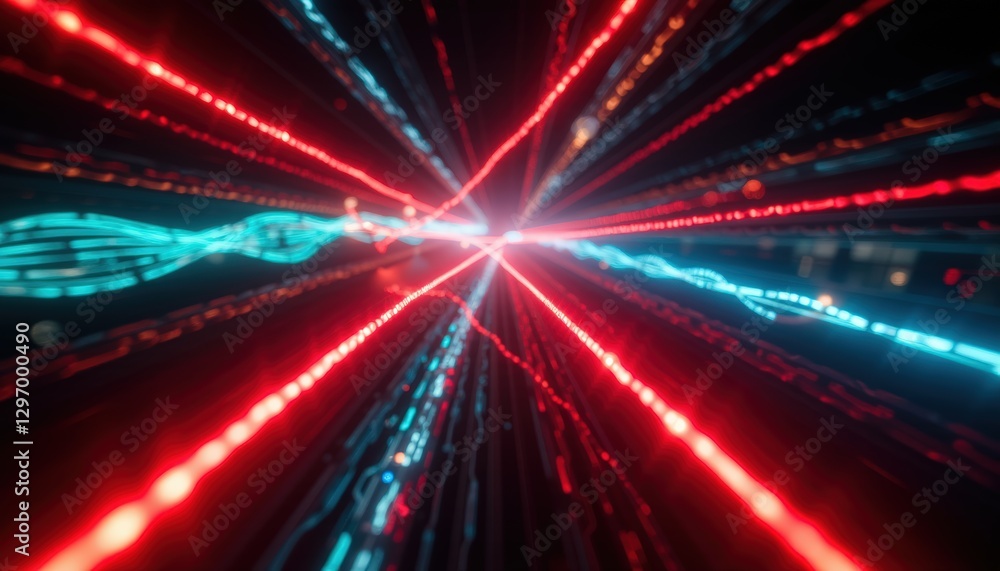 Poster abstract red and blue laser beams in a dark space creating a futuristic visual effect