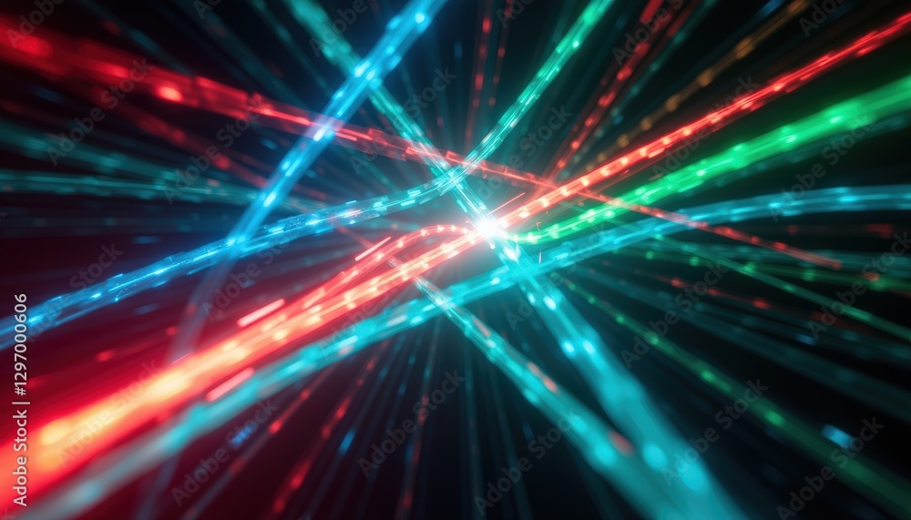 Poster bright red and green laser beams intersecting in a dark space with a bokeh effect