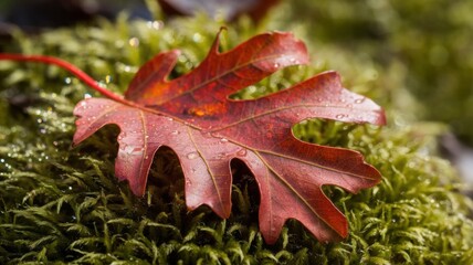 Fototapeta premium A bright red oak leaf resting on a lush green moss. Tiny droplets of water settle on the surface of the leaf. Slightly blurred background.