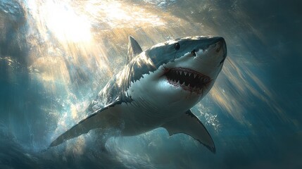 Fototapeta premium Powerful great white shark moves effortlessly through ocean currents, its sleek body and piercing eyes exuding strength, dominance, and the mystery of the deep sea.
