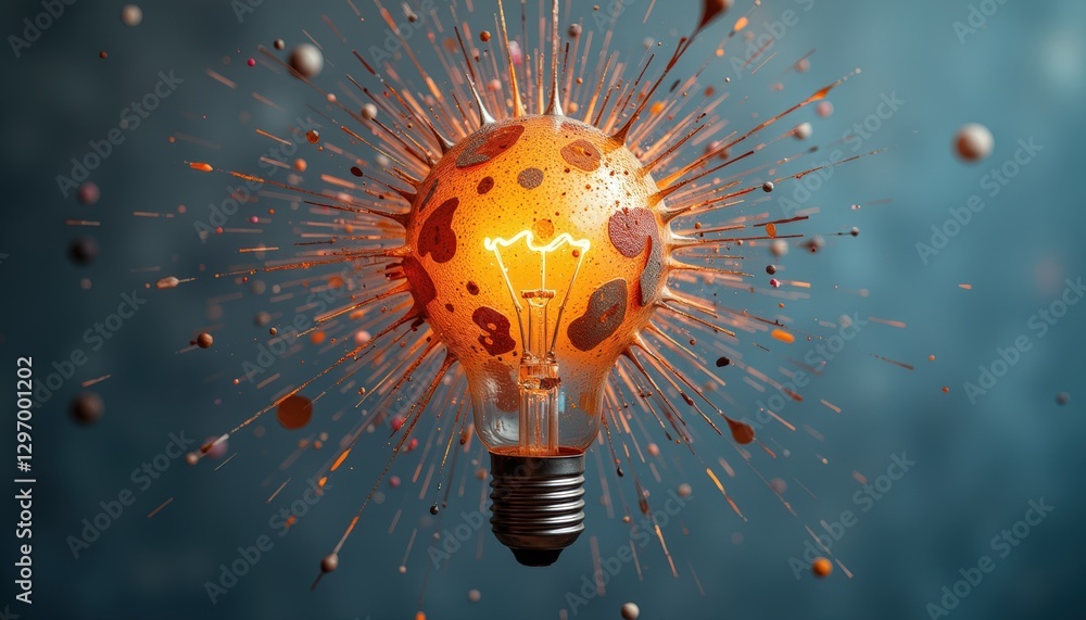 Poster exploding light bulb with glowing filament and fragments flying around