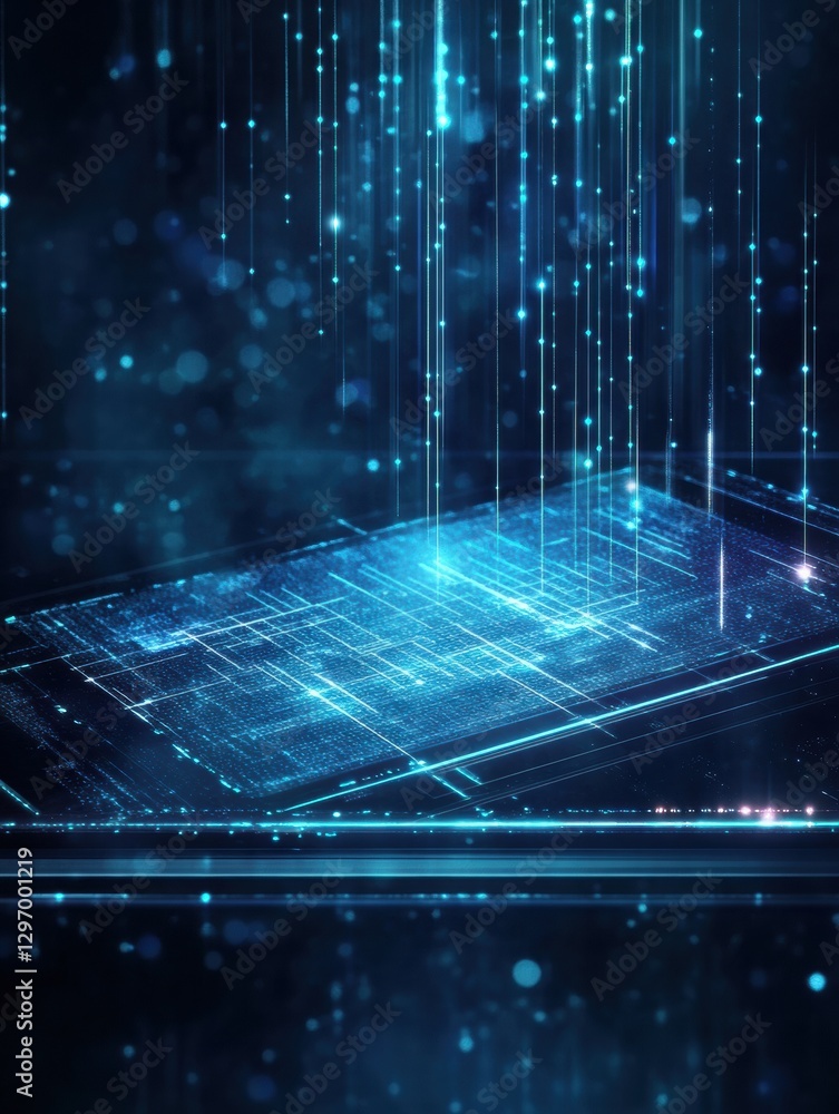 Fototapete Technological design showcasing a glowing digital interface with data streams and vibrant blue light effects in a dark setting. Generative AI