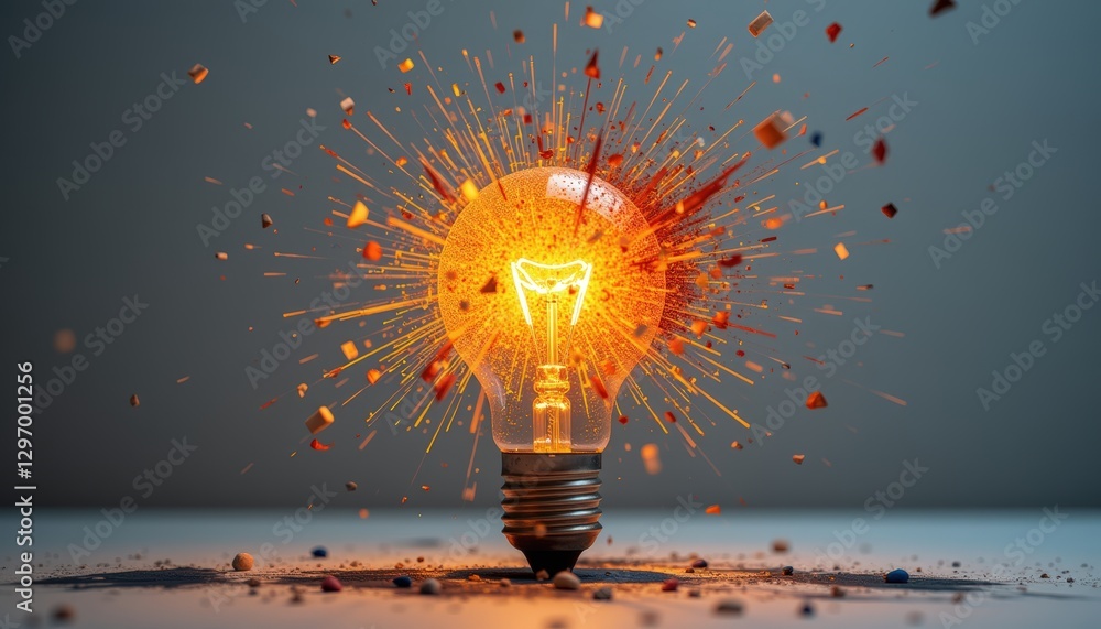 Poster exploding light bulb with glowing filament and colorful fragments flying around