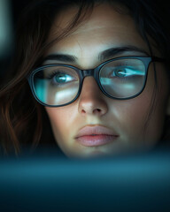 Mental health at workplace. Burnout awareness. Exhausted businesswoman looking at a computer screen in a work environment.