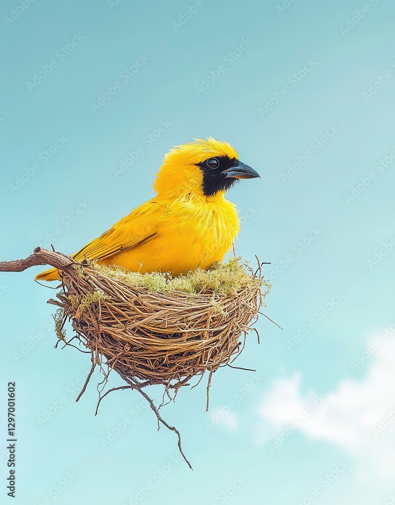 Poster vibrant yellow bird in a nest on a branch against a soft blue sky background with gentle clouds and 