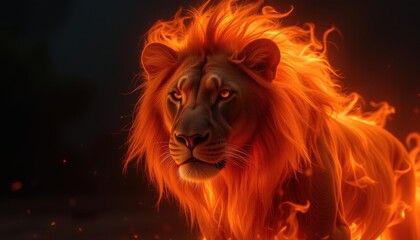 Naklejka premium Ferocious Lion with a Fiery Mane and Blazing Eyes in the African Night