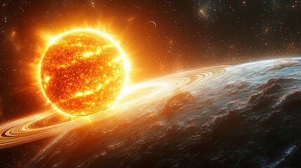 Obraz premium A realistic solar system illustration showcasing the sun and its orbiting planets, symbolizing the vastness of space, the interconnectedness of celestial bodies, and the mysteries of the universe.