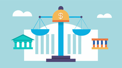 Scales of Justice A balanced scale in front of a stylized capital building with one side holding digital currency symbols and the other side holding legal documents representing