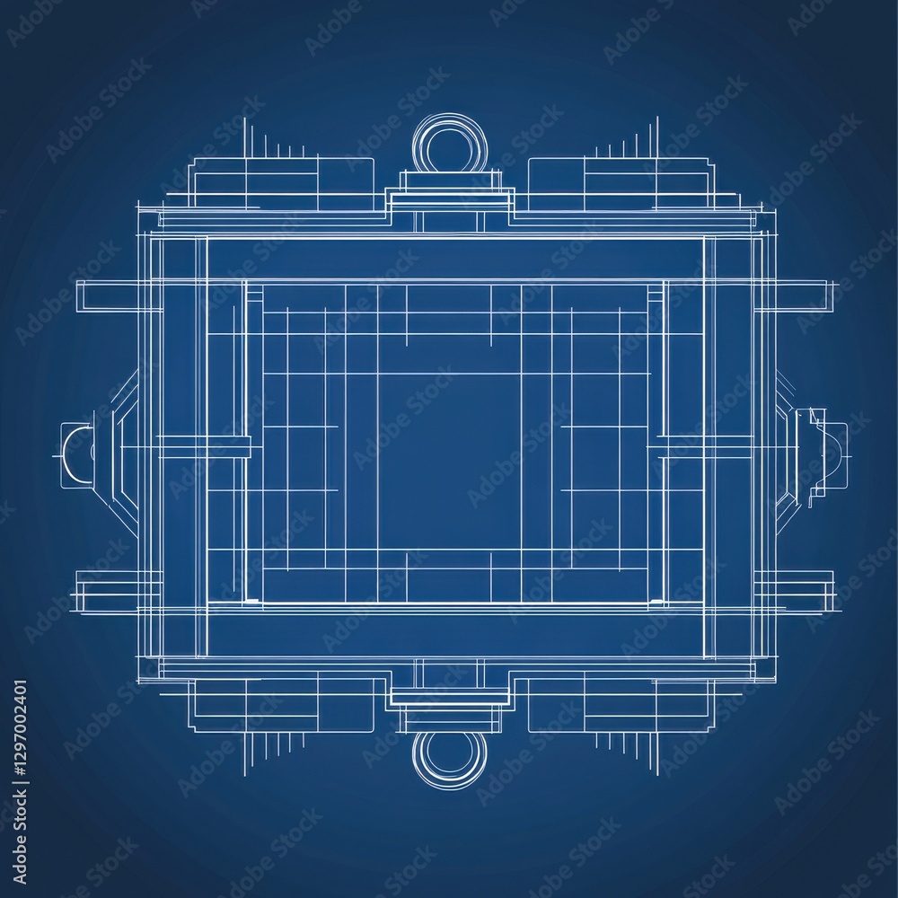 Poster blueprint of a mechanical device displayed on a dark blue background.