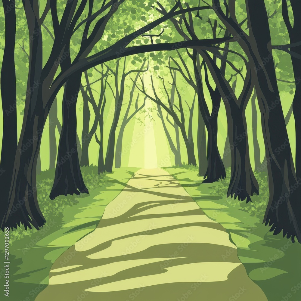 Poster a serene forest path enveloped in lush greenery, illuminated by soft light, inviting exploration.