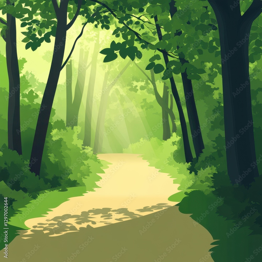 Poster a serene forest path illuminated by soft sunlight filtering through lush green trees.