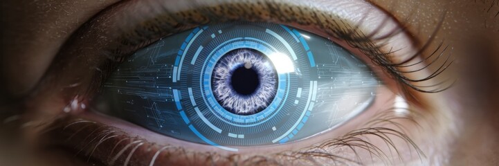 A close-up photo of the eye. The iris has been enhanced with a digital and futuristic design, featuring a circular pattern with blue highlights and intricate designs. A banner with space for the text.