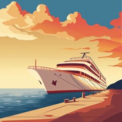 A large white cruise ship docked at sunset with colorful skies and calm waters.