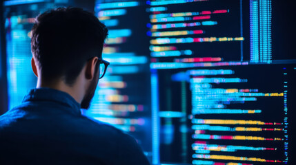 Programmer focuses on coding at night with vibrant screens displaying colorful code in a dark environment