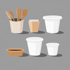 Various food containers and utensils on a gray background, showcasing a minimal and modern aesthetic.