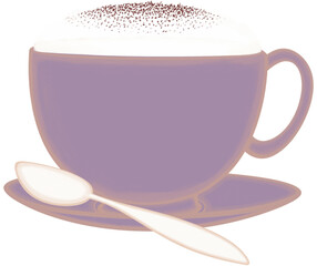 A purple ceramic cup of hot cappuccino with coffee cup saucer and tea spoon.