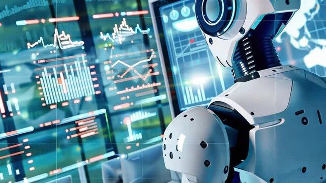 Andropid analyzing data on multiple screens in futuristic control room, showcasing AI's capabilities in data processing and decision-making. Concept of advanced technology and automation