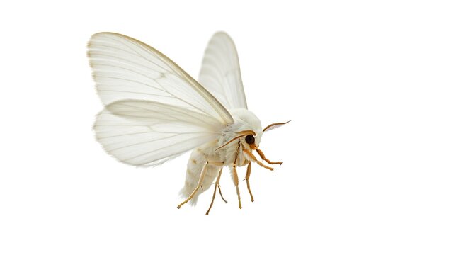 A delicate silk moth with soft white wings spread wide, resting on an invisible surface, isolated on white