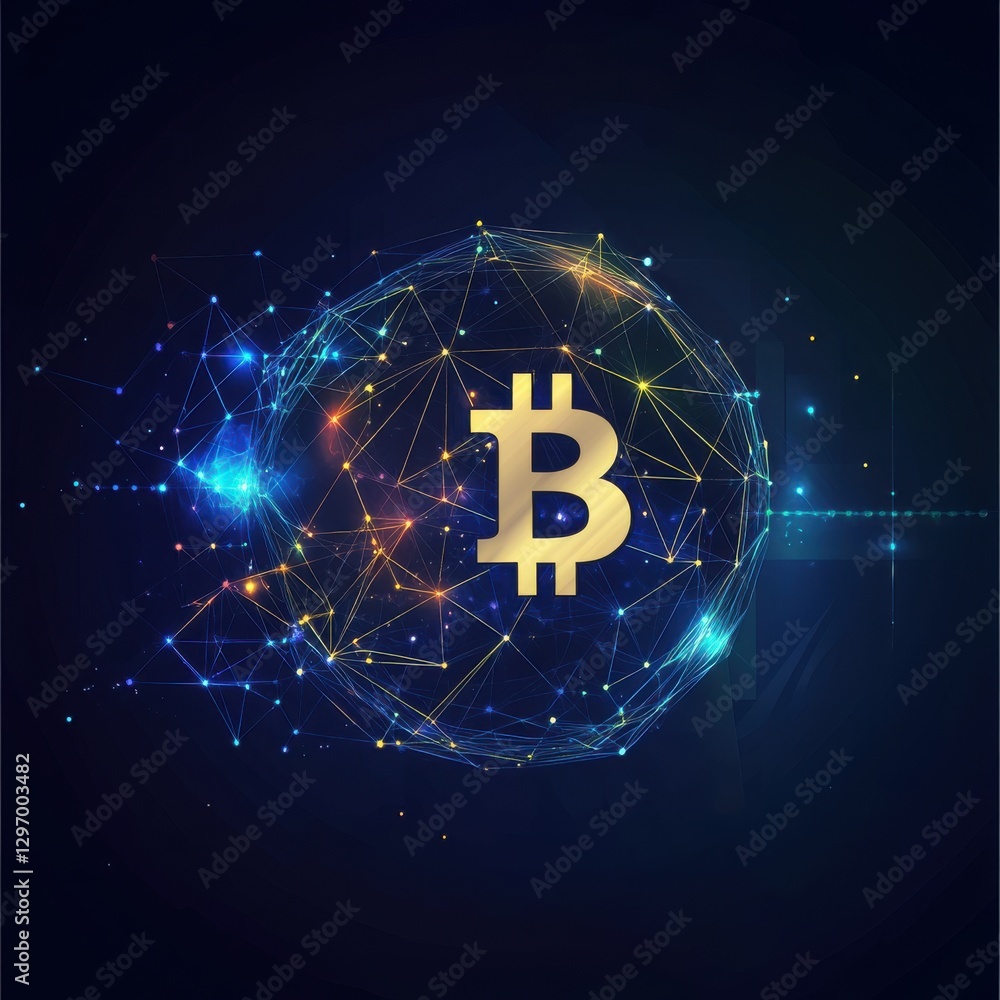 Poster digital representation of cryptocurrency with a glowing bitcoin symbol amid a network of vibrant con