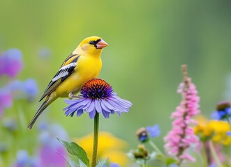 Fototapeta premium Vibrant Yellow Bird Perched on Purple Flower Against a Soft Green Background in a Colorful Meadow Setting