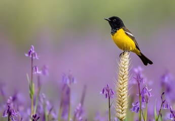 Obraz premium Vibrant Yellow Bird Perched on Wheat Spike Surrounded by Delicate Purple Flowers in a Lush Natural Landscape