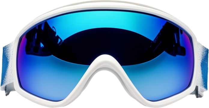 Angled view of a pair of ski goggles isolated on a flat transparent background 