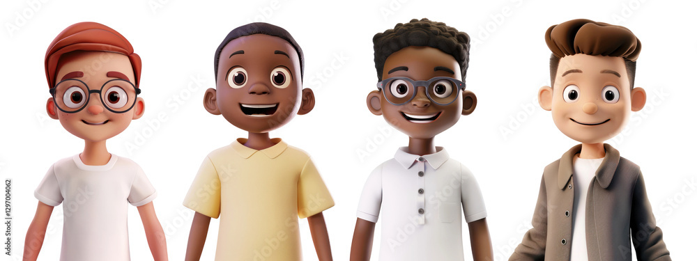 Poster png diverse animated characters smiling, element set on transparent background