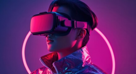 Naklejka premium Young man wearing virtual reality headset with neon lights in the background
