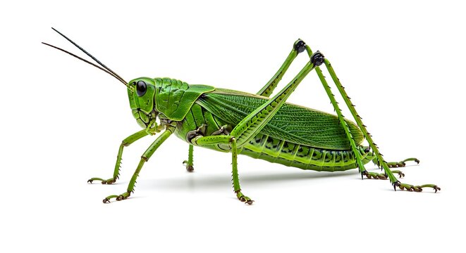 A vibrant green grasshopper perched on an unseen surface, legs ready to jump, isolated on a white background