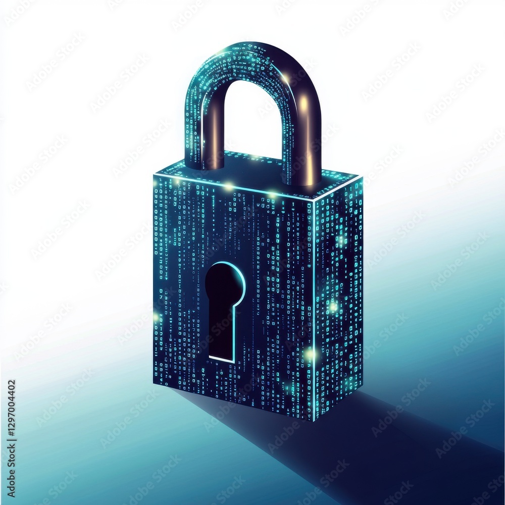 Poster a digital padlock with binary code design, symbolizing cybersecurity and data protection.