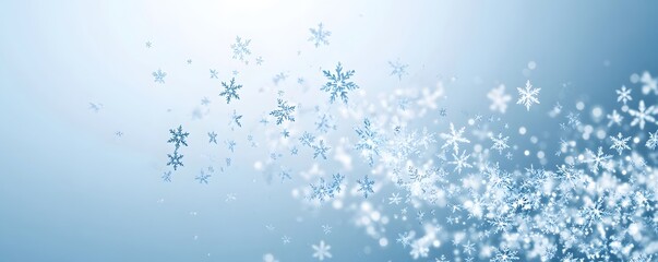 Light blue background shows many delicate white snowflakes floating downward