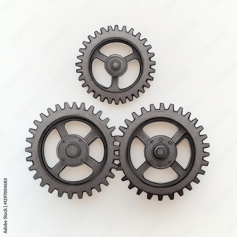 Poster three metallic gears arranged in a triangular formation on a neutral background.