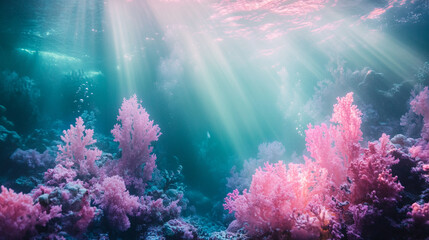 Stunning underwater coral reef scene with pink coral and sunbeams sea blue ocean light image photo