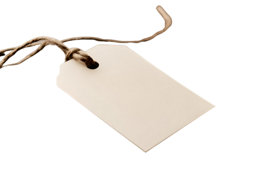 Minimalist blank price tag tied with a durable string, perfectly isolated, ideal for branding, retail, product labeling, and custom merchandise presentation.