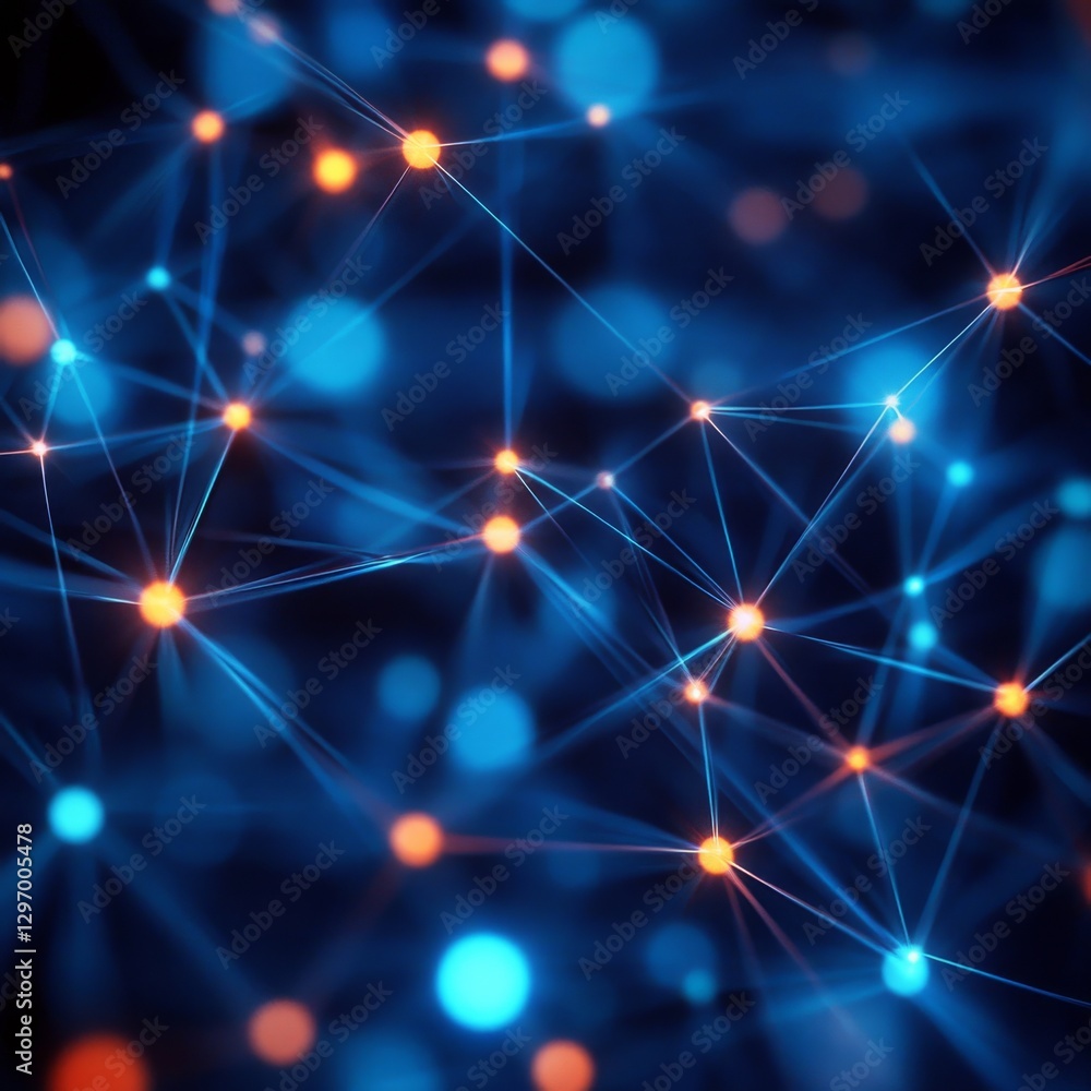 Poster abstract network: interconnected nodes with vibrant blue lines and glowing orange points