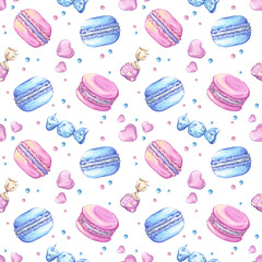 Macarons and candies in pink and blue tones. Seamless watercolor pattern with sweets on a white background. Perfect for packaging, textiles, and confectionery-themed designs