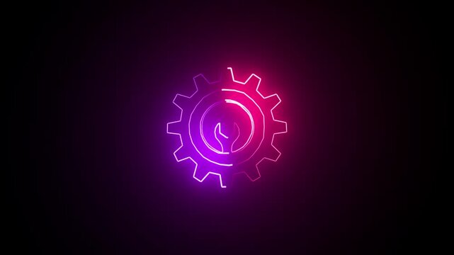 Abstract neon setting icon, Cogwheel with wrench spanner symbol animation. Animated Icon for mechanic maintenance, workshop repair tool. 