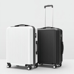 Two stylish hard-shell suitcases, one white and one black, showcased together on a minimalist background.