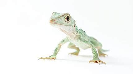 Fototapeta premium Small cute green lizard standing on white background with curious eyes. Concept of reptiles, wildlife, and exotic pets. Perfect for nature content, biology, pet materials, and educational visuals