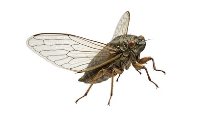 A realistic depiction of a cicada with translucent wings and textured body, isolated on white