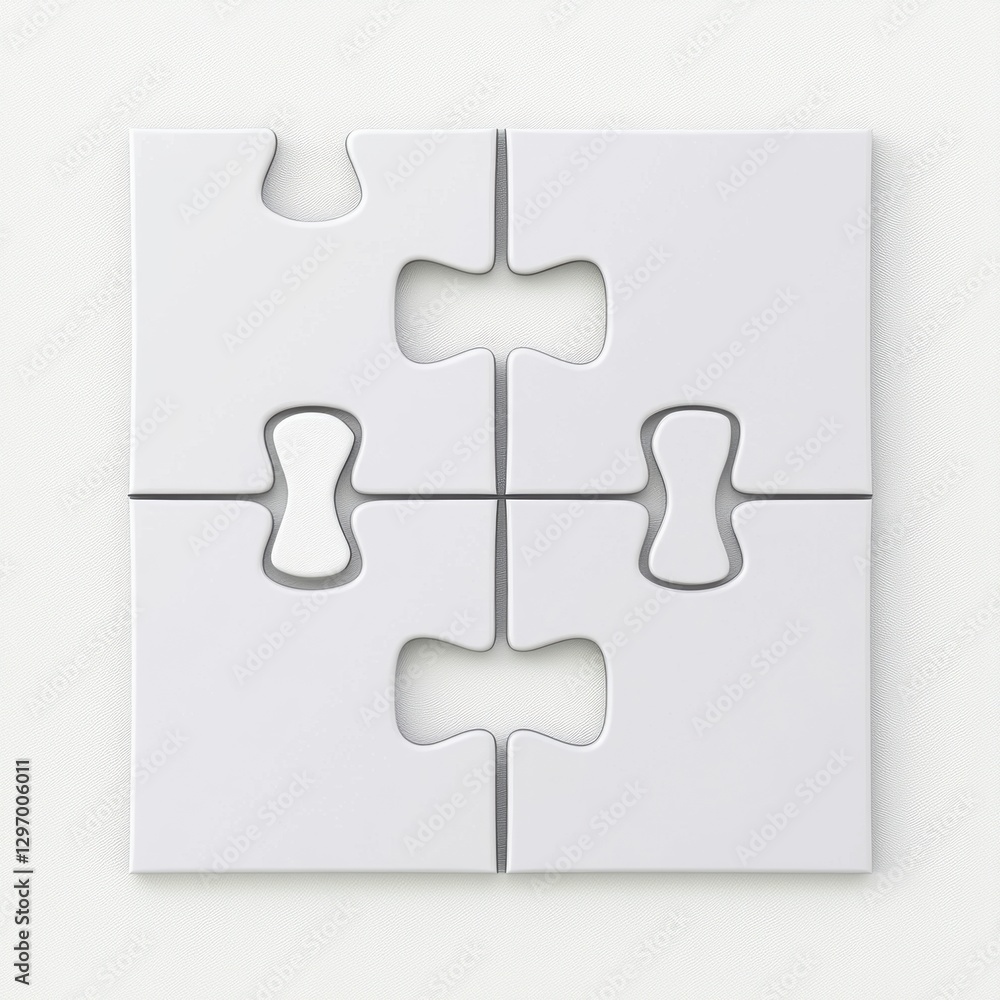 Poster four interlocking white puzzle pieces on a light background, symbolizing unity and problem-solving.