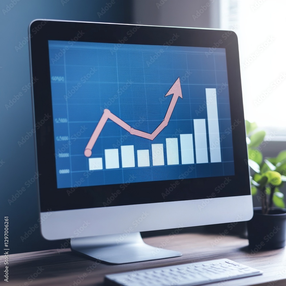 Poster Desktop Monitor Displaying Business Growth Chart with Upward Trend and Positive Financial Performance