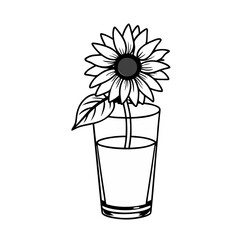 Fototapeta premium Outline Drawing of Beautiful Sunflower in Transparent Glass Vase with Water on Bright White Background, Sunflower Outline in Vase, Minimal Floral Line Art, Elegant Botanical Sketch 