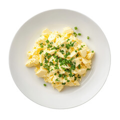 Creamy Scrambled Eggs with Chopped Chives on White Plate