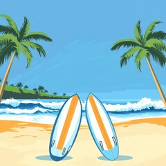 Two surfboards resting on the sandy beach under palm trees, perfect for a sunny day of surfing.