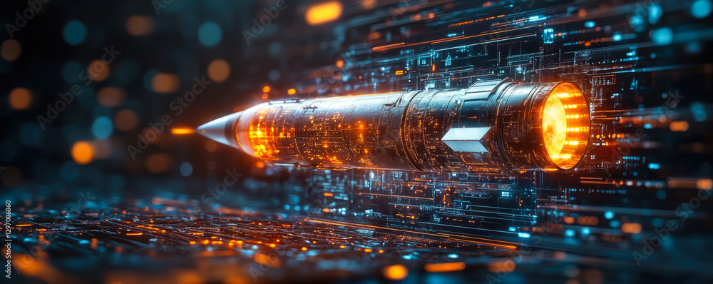 Poster futuristic rocket emerging from digital screen in virtual high-tech environment showcasing cyber-spa