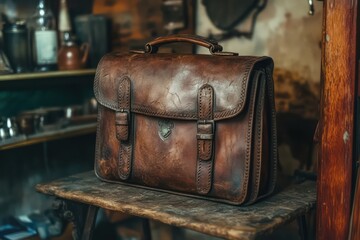 A vintage leather briefcase resting on a wooden table beautifully