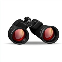 Close-up of a sleek pair of binoculars with red-tinted lenses on a plain background.